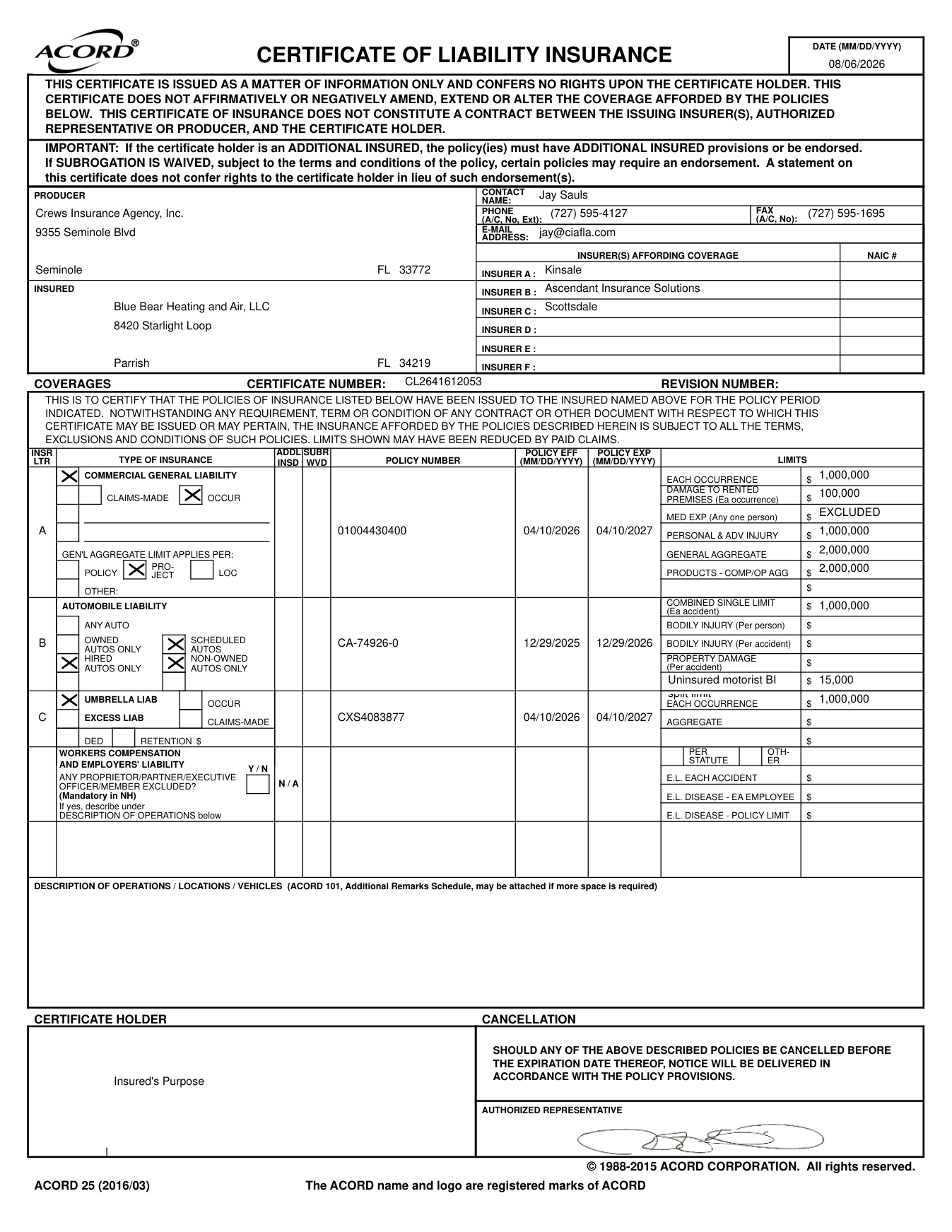 Certificate of Liability Insurance — General Liability, Auto & Umbrella