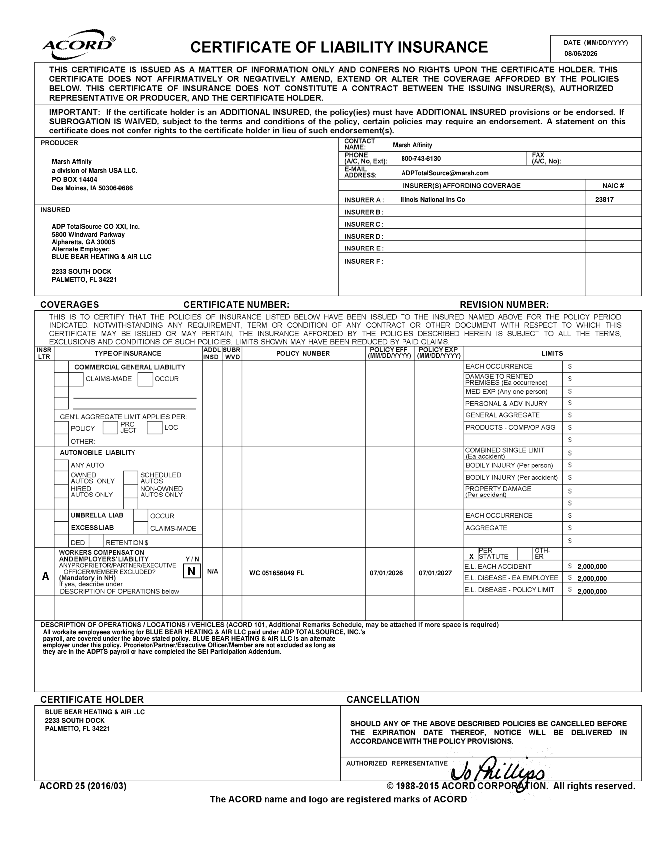 Certificate of Insurance — Workers' Compensation